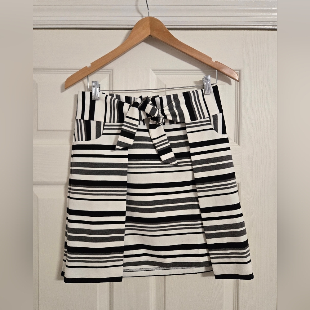 CAbi Grandstand Black and White Striped A-Line Skirt Faux Wrap Size XS